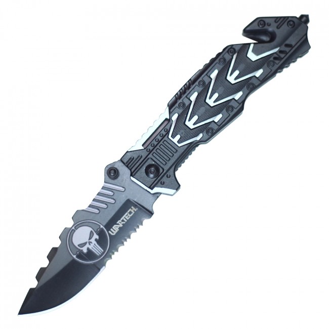 Spring-Assist Folding Knife Wartech Skull Punisher Black Serrated Blade - Gray