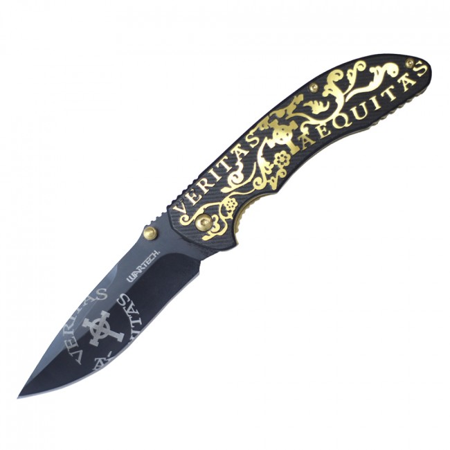 Spring-Assisted Folding Knife | Wartech Black Blade Gold 'Veritas Aequitas' EDC