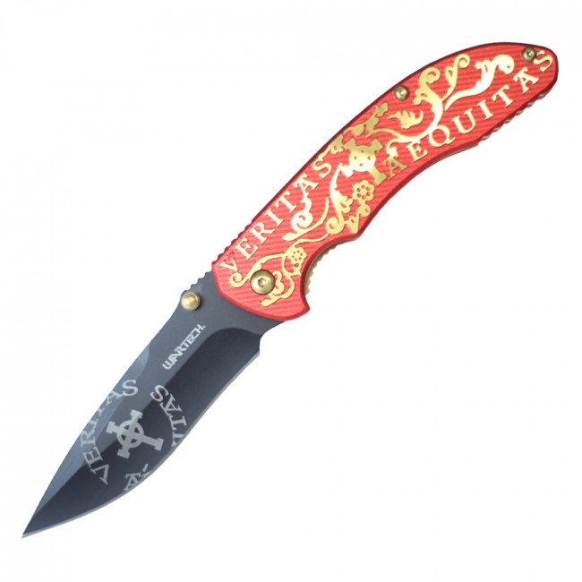 Spring-Assisted Folding Knife | Wartech Black Blade Red Gold 'Veritas Aequitas'