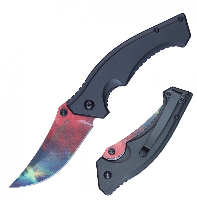 Spring-Assist Folding Knife Wartech Red Blue Galaxy 3.25in. Clip Blade Tactical
