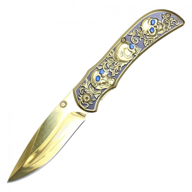 Spring-Assist Folding Knife | Gold Skull Punisher Blue Eyes Pocket Gift PWT304GD