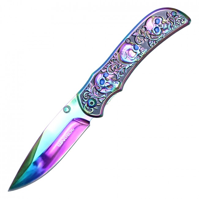 Spring-Assist Folding Knife | Rainbow Skull Punisher Blue Pocket Gift PWT304RW