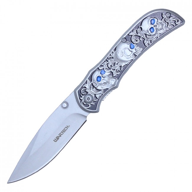 Spring-Assist Folding Knife | Silver Skull Punisher Blue Eyes Pocket PWT304SL