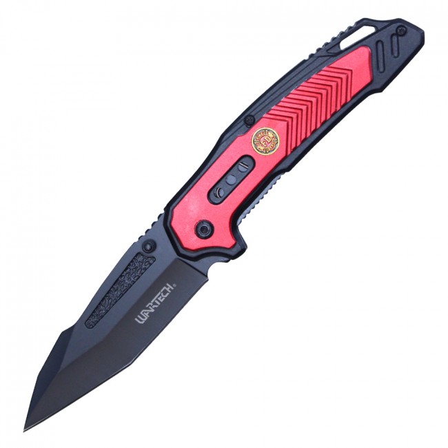 Spring-Assist Folding Knife Firefighter Red Black Rescue Tactical EDC Pwt306Rd