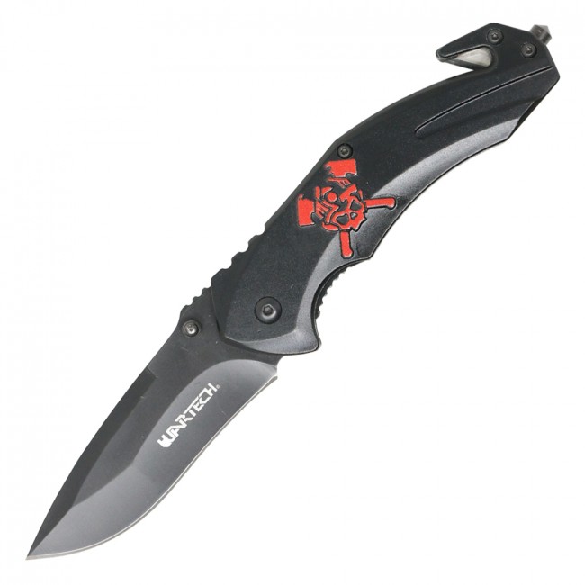 Spring-Assist Folding Knife Firefighter Tactical Rescue 3.4in. Blade Black Red