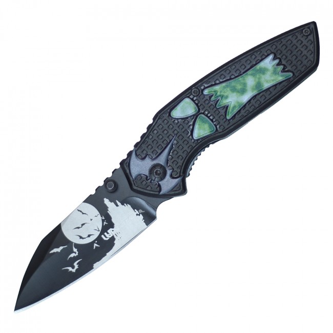 Spring-Assist Folding Knife Halloween Howling Wolf 3.25in. Blade Black Green