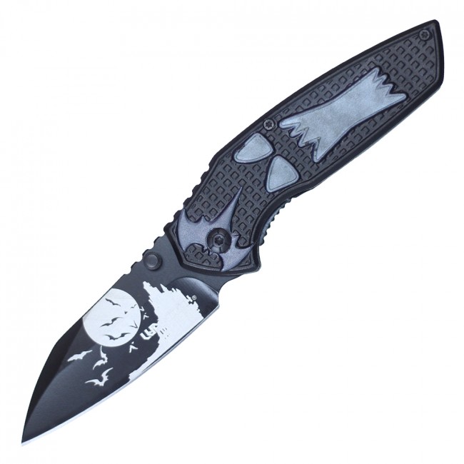 Spring-Assist Folding Knife Halloween Howling Wolf 3.25in. Blade Black Gray