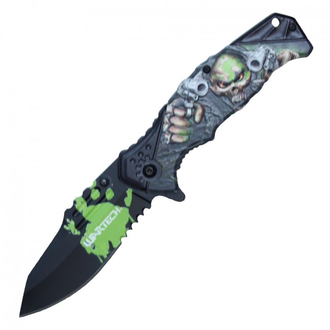 Spring Assisted Folding Pocket Knife Green Black Skull Pistol Gangster Pwt321