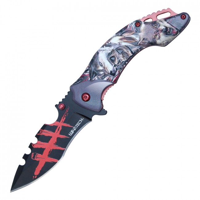 Spring-Assist Folding Knife Wartech 3.5in. Black Blade Fantasy Skull Wolf - Red