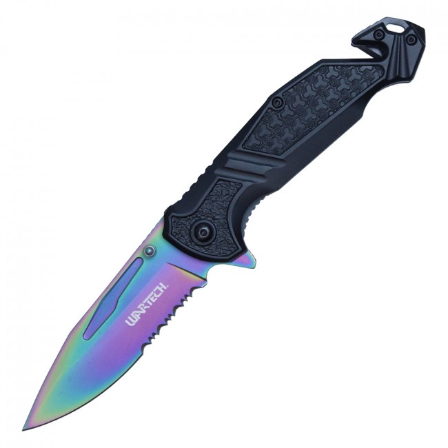 Spring-Assist Folding Knife Wartech 3.5in. Rainbow Serrated Blade Rescue EDC
