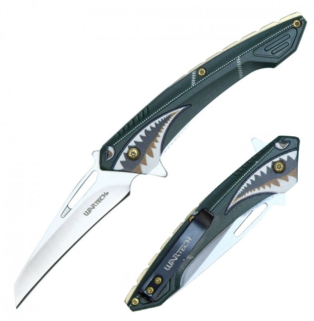 Spring-Assist Folding Knife Silver Blade WWII Fighter Plane Nose Art - Green