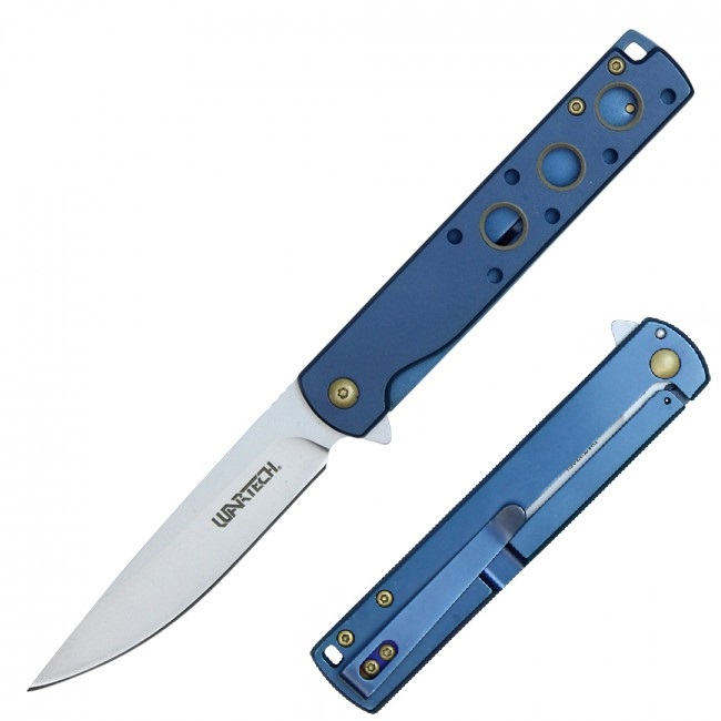 Spring-Assist Folding Knife Wartech Slim Stainless Steel 3.75in. Blade EDC Blue
