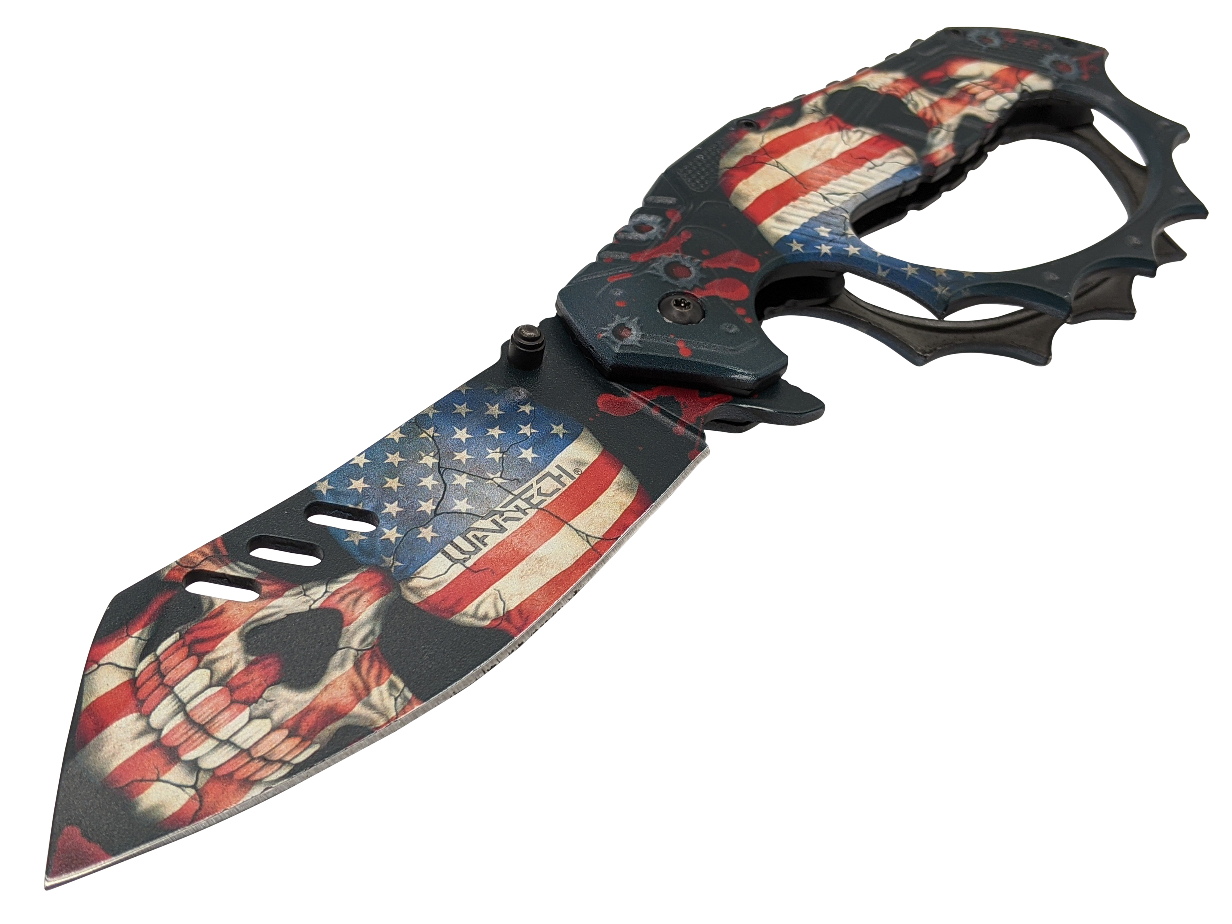 Spring-Assist Folding Knife Wartech USA American Flag Skull Knuckle Guard