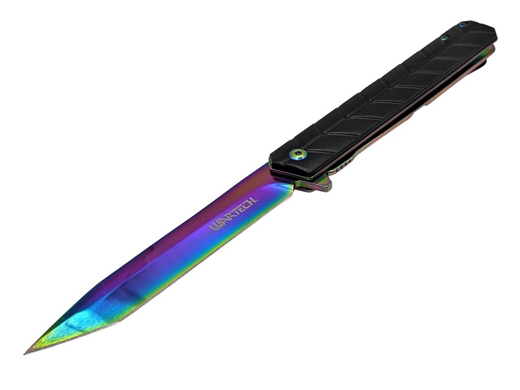 Spring-Assist Folding Knife Wartech 4in Tanto Blade EDC Tactical - Rainbow Black