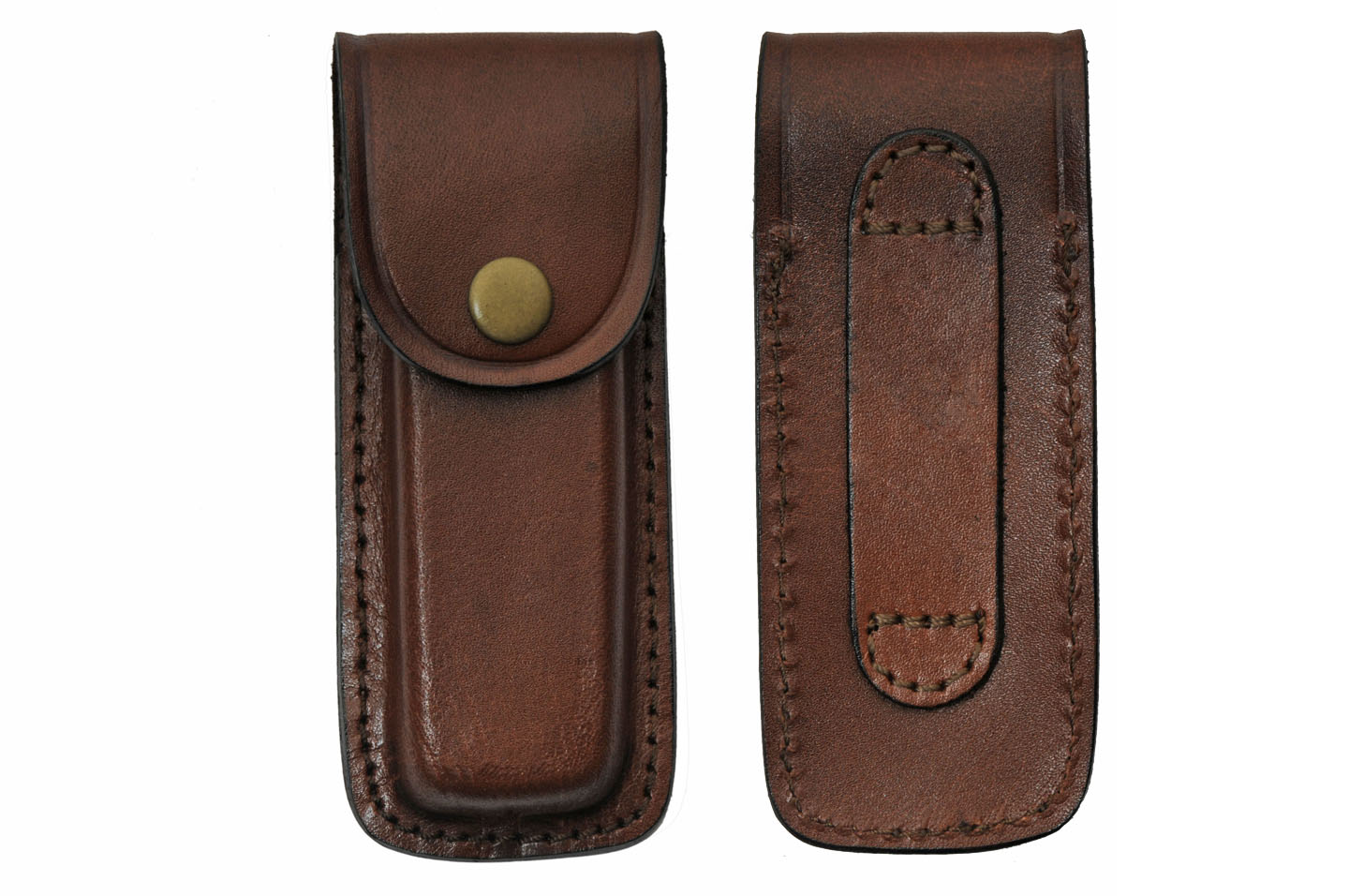 Folding Knife Sheath Brown Real Leather Snap-Button Case For 5in. Folding Knives