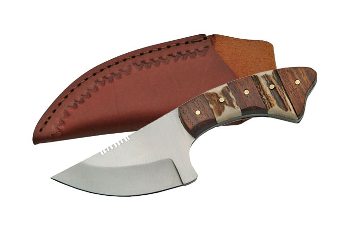 6.25in. Steel Stag And Wood Handle Full Tang Hunting Skinner Knife w/ Sheath