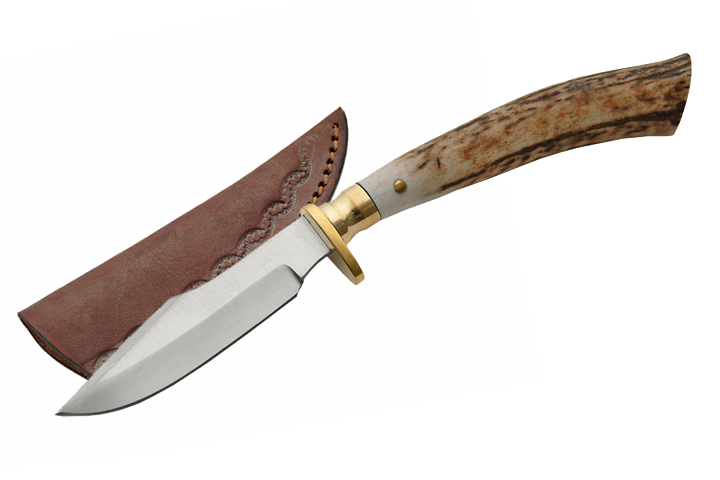 7.75in. Stainless Blade Genuine Stag Horn Handle Hunting Knife w/ Sheath