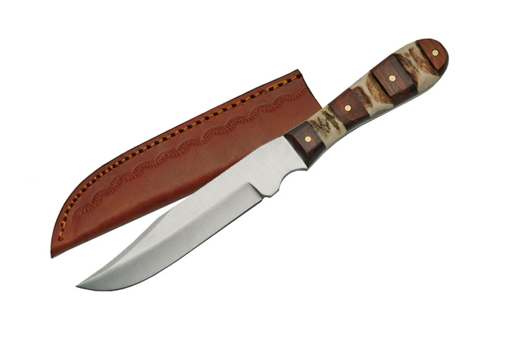 Fixed-Blade Hunting Knife 7.5in. Stag Horn Bone + Wood Full Tang Skinning Blade