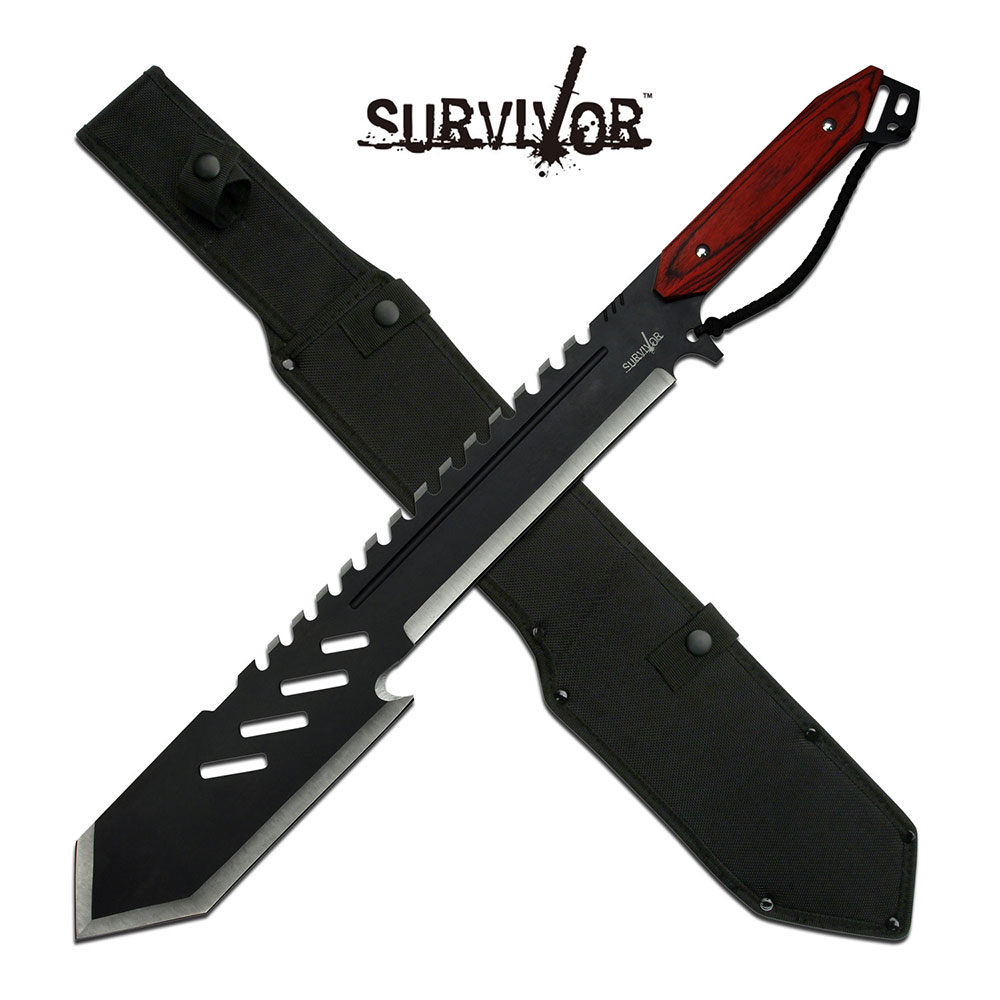 Machete Survivor 25.5in. Overall Rear Serrated Gut Hook Tactical Blade + Sheath