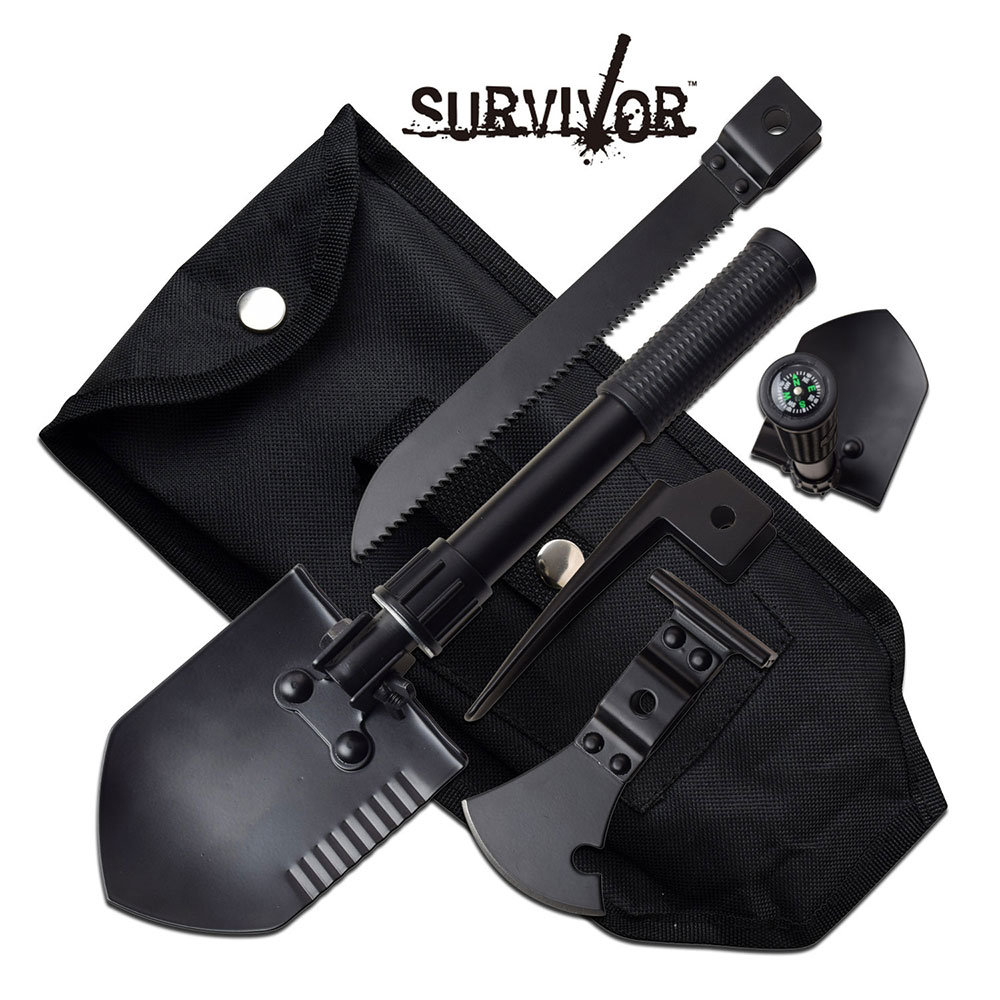 Survival Tool Compact 5-In-1  Dibble Pick, Entrench Shovel, Hatchet, Saw + Case