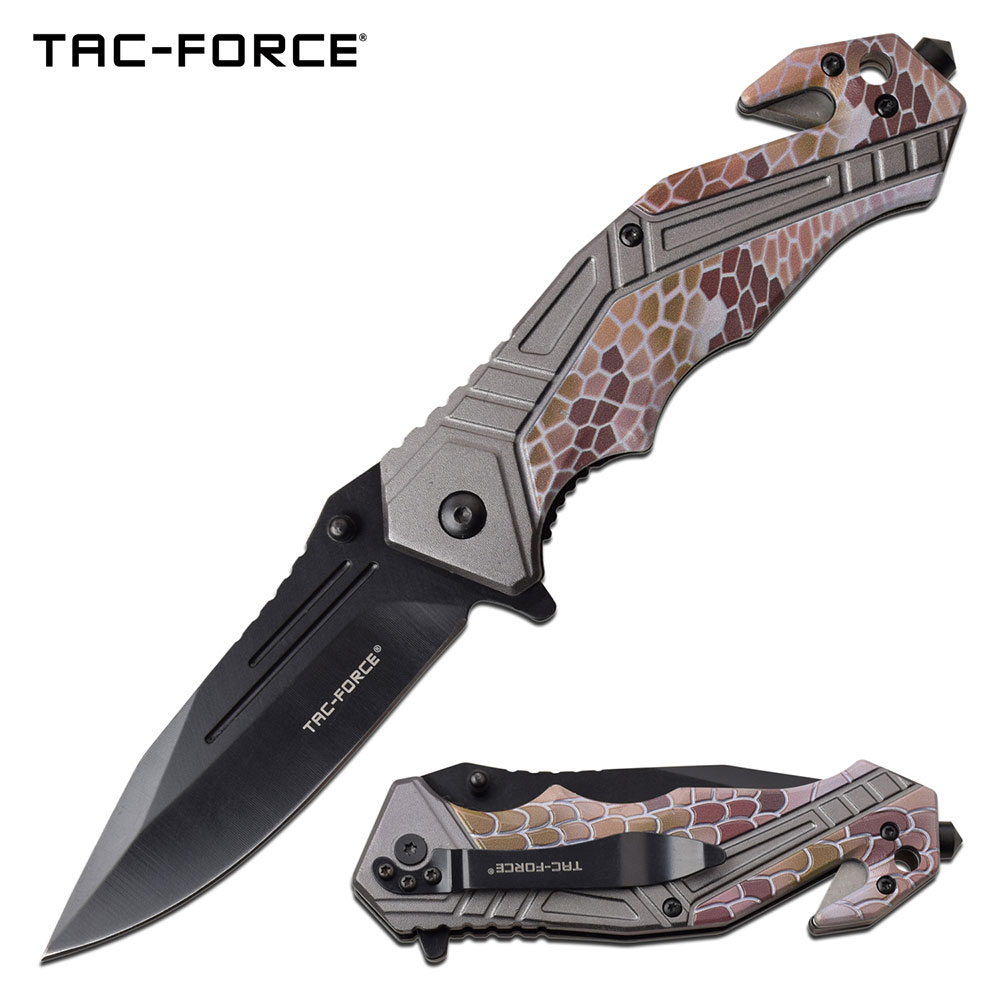 Spring-Assist Folding Knife Tac-Force 3.5in Black Blade Rescue Tactical Gray/Tan