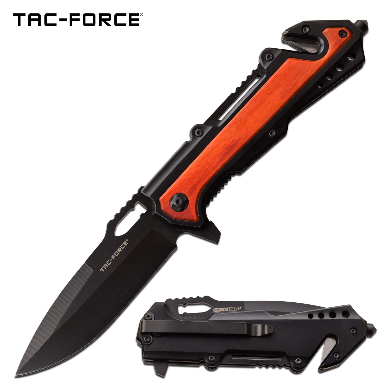 Spring-Assist Folding Knife Tac-Force Black Brown Wood Rescue Tactical EDC