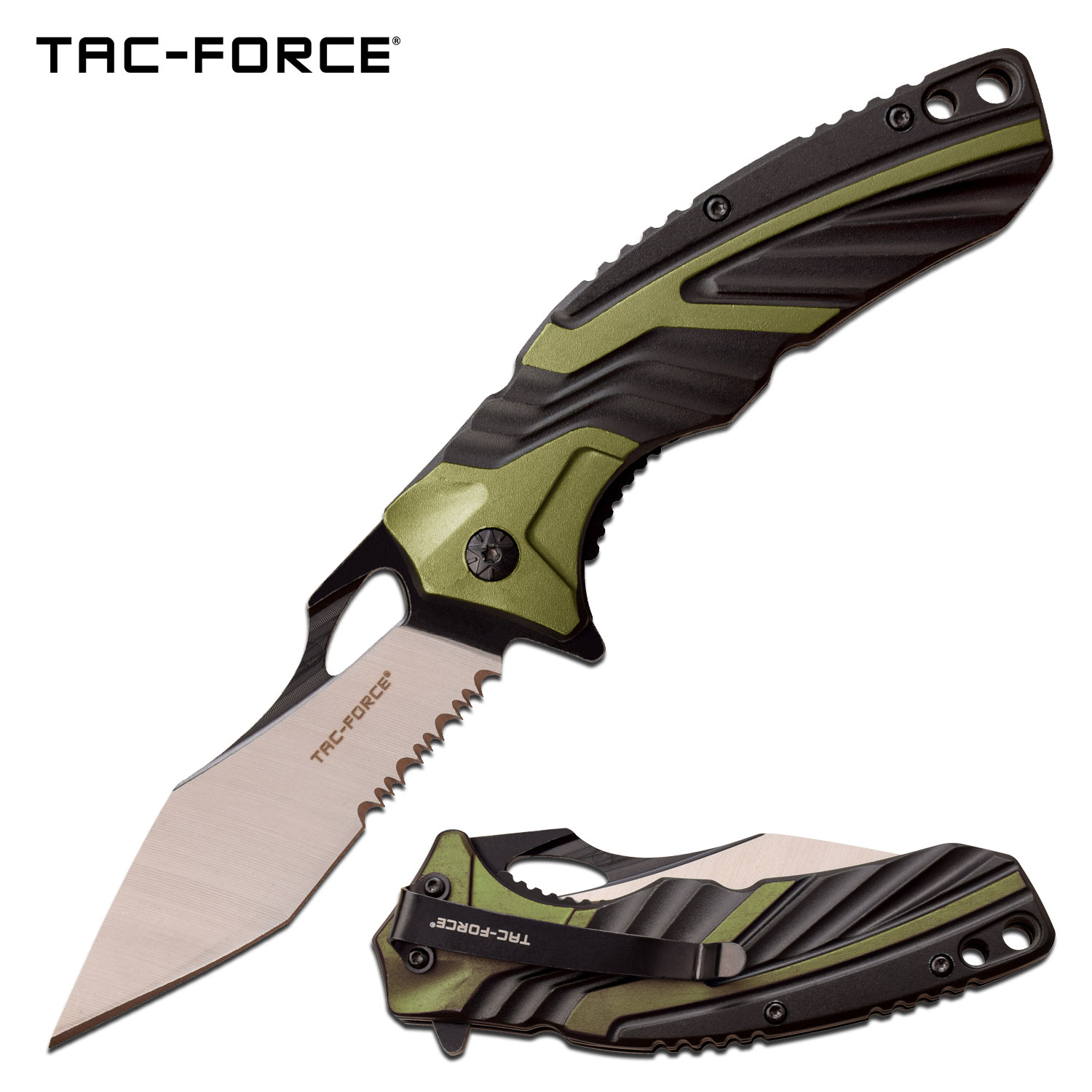 Spring-Assist Folding Knife Tac-Force Black Green Tactical Serrated Tanto Blade