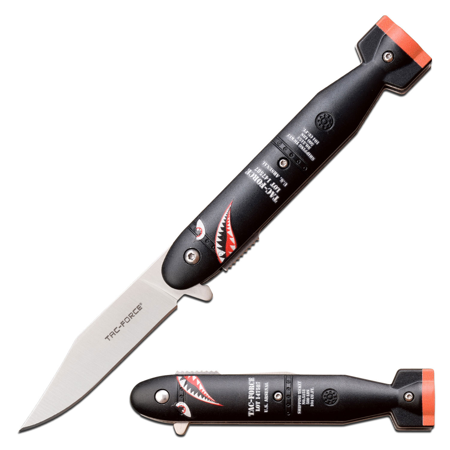 Spring-Assist Folding Knife 3in Blade Black/Red Us Arsenal Ordnance Bomber Teeth
