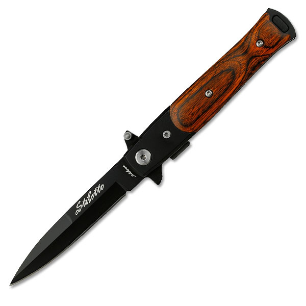 Tac-Force Stiletto Wood Handle Black Blade Spring-Assisted Folding Knife