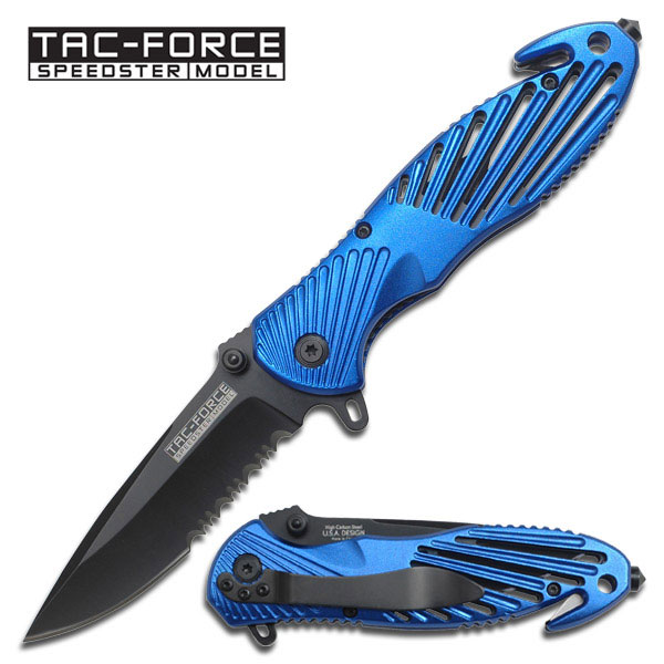Spring-Assist Folding Pocket Knife Tac-Force Serrated Black Blade Blue Rescue