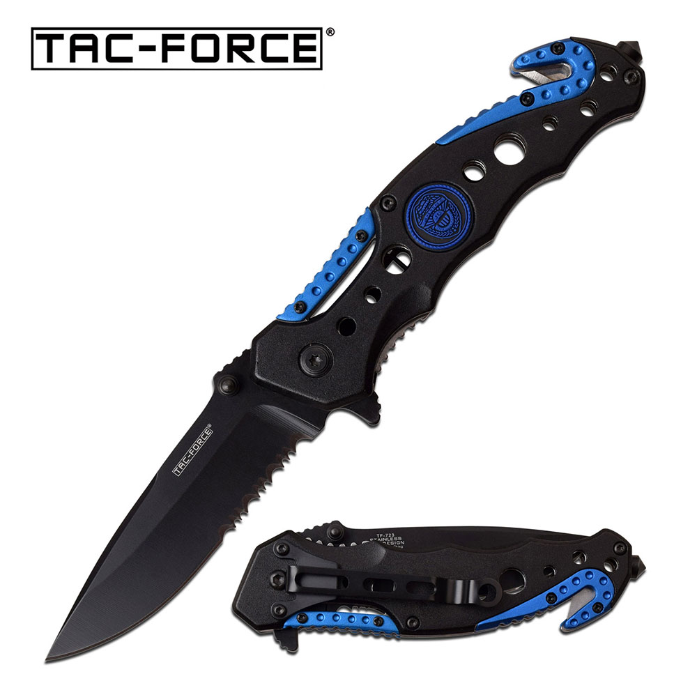 Spring-Assist Folding Knife | Tac-Force Black Serrated Blade Blue Police Rescue
