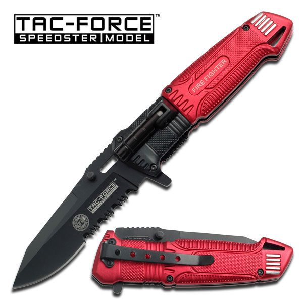 Spring-Assist Folding Pocket Knife Tac-Force Red Firefighter Blade LED Light EDC