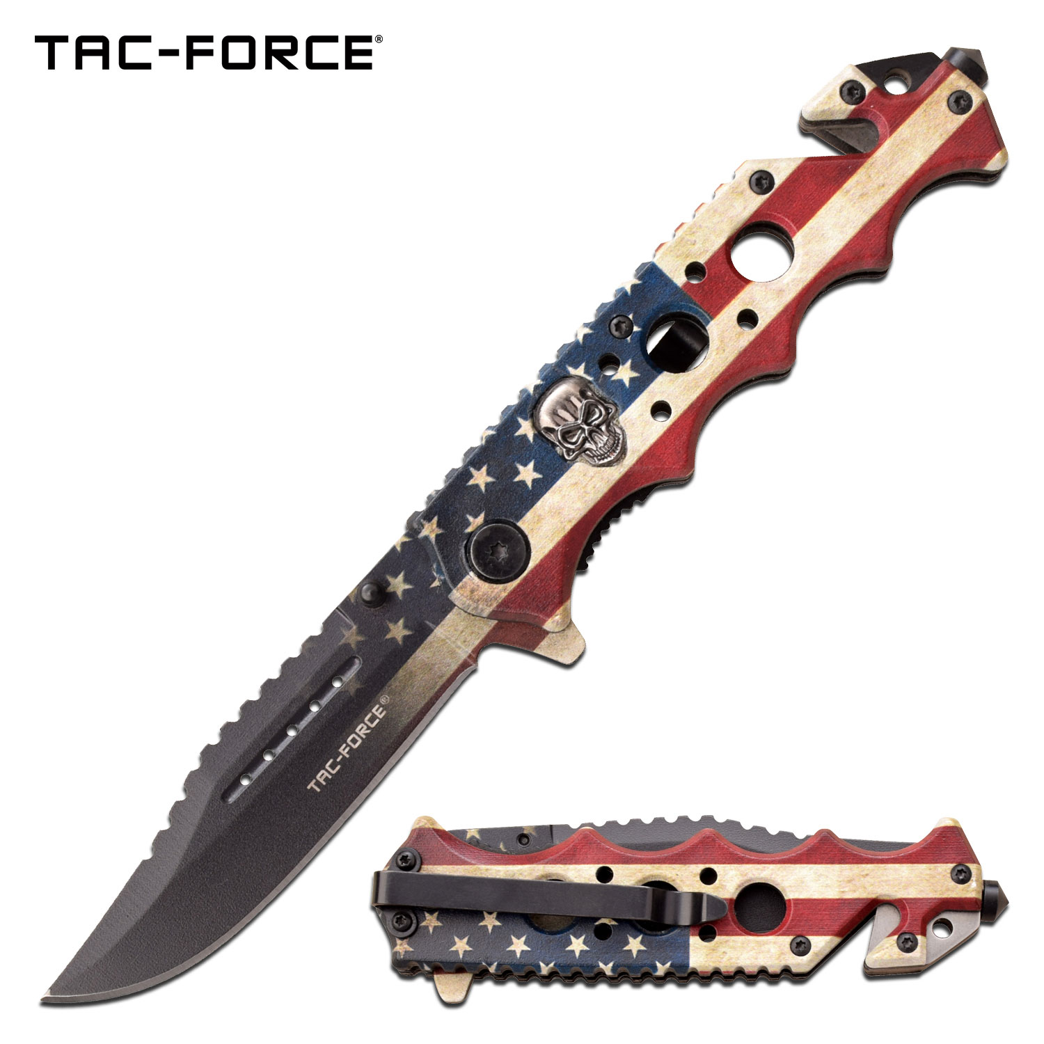 Spring-Assist Folding Knife | Tac-Force Battle-Worn American USA Flag with Skull