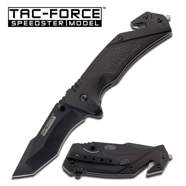 Tac-Force Black Tanto Rescue Apring-Assist Folding Knife w/ Belt Cutter