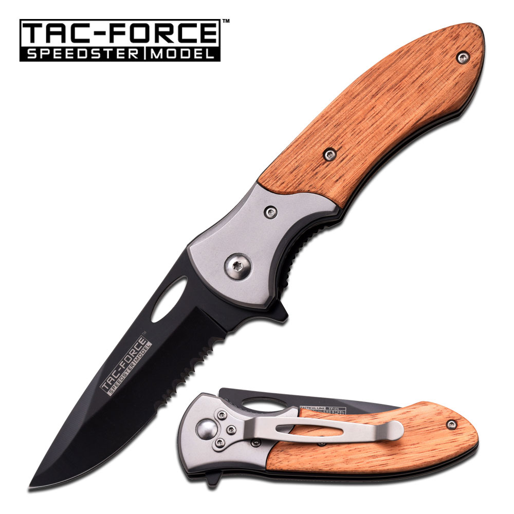 Spring-Assist Folding Pocket Knife Tac Force Wood Serrated Tactical EDC Gift