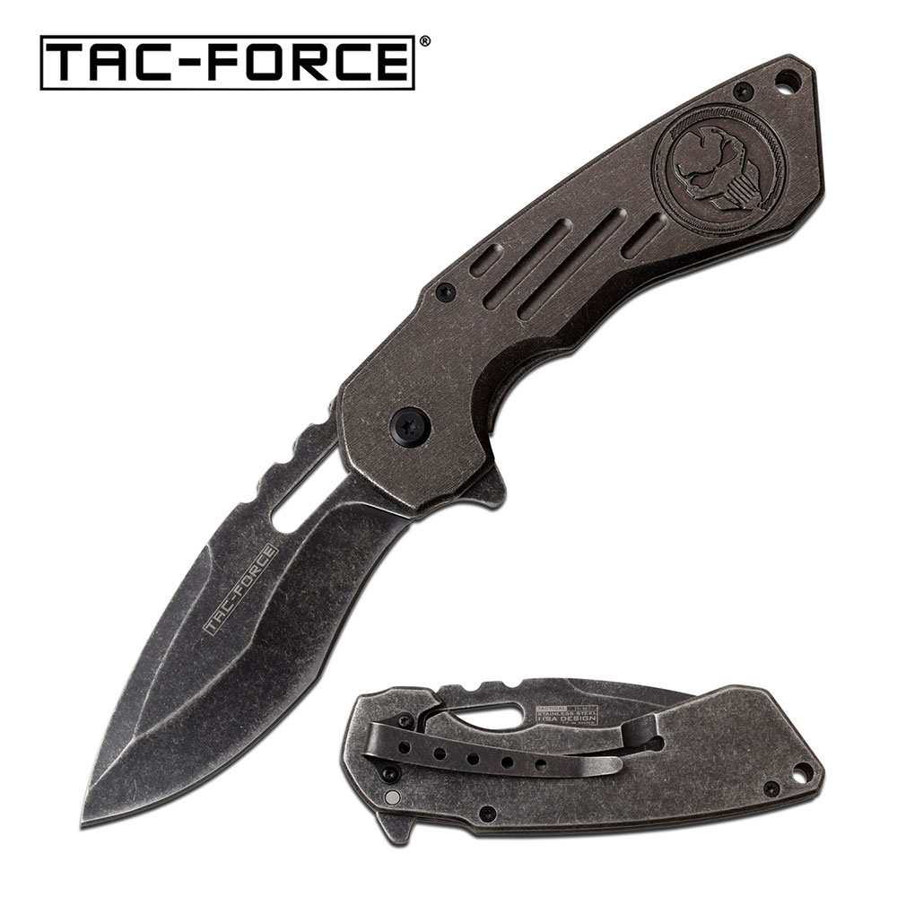 Spring-Assist Folding Knife Tac-Force 3.5in Gray Stone Blade Skull Tactical EDC D