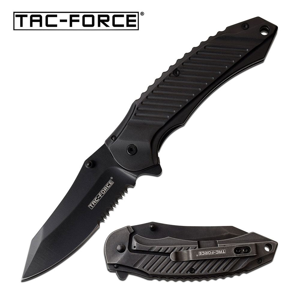 Spring-Assist Folding Knife | Tac-Force Black Serrated Blade Heavy Tactical EDC