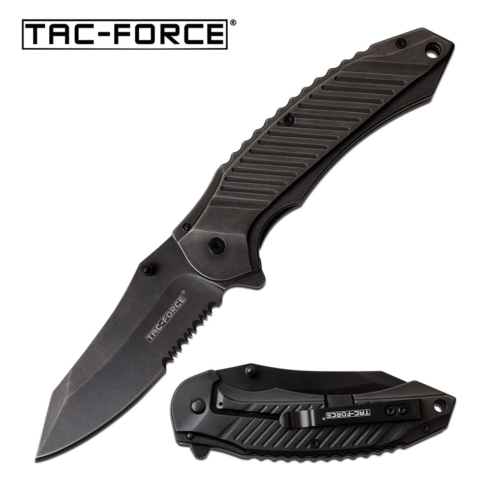 Spring-Assist Folding Knife | Tac-Force Gray Serrated Blade Heavy Tactical EDC