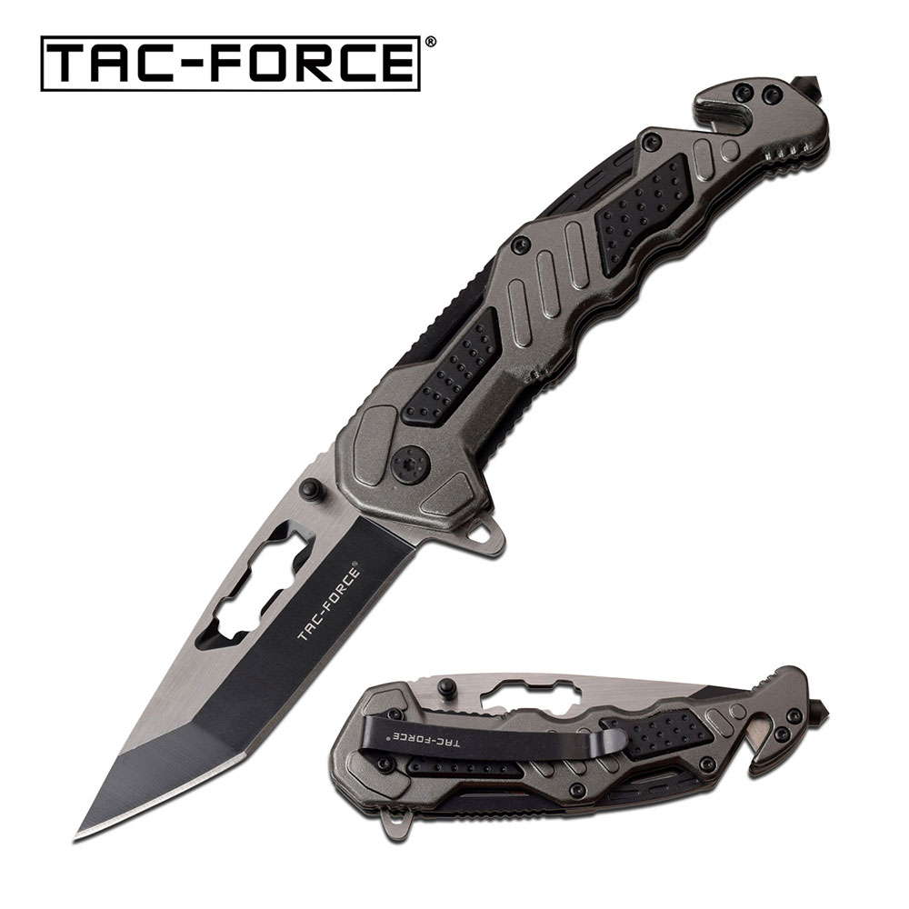 Spring-Assist Folding Knife Tac-Force Gray Tactical Rescue Black Tanto Blade EDC