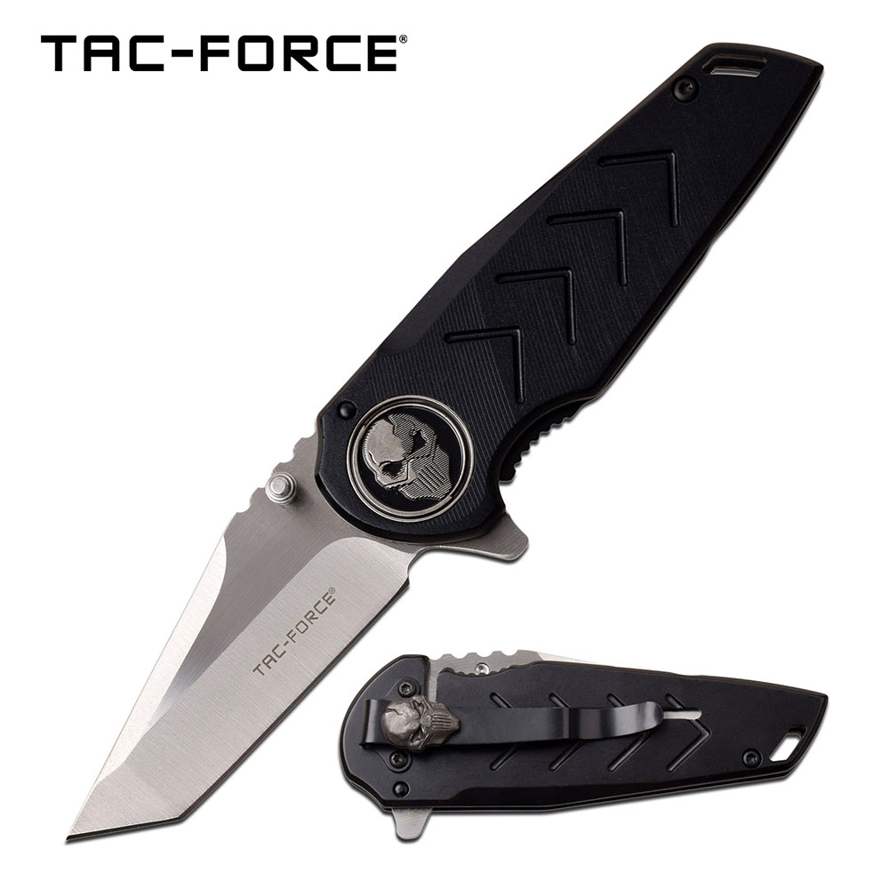 Folding Pocket Knife | Tac-Force Silver Tanto Blade Black Skull Premium Tactical