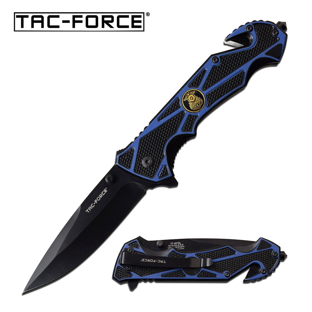 Spring-Assist Folding Knife | Tac-Force Blue Police Black Blade Rescue EDC