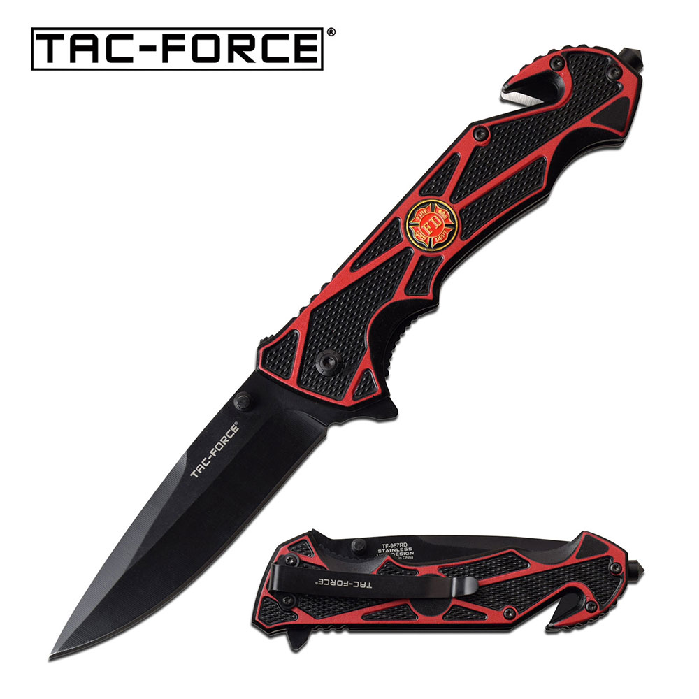 Spring-Assist Folding Knife | Tac-Force Red Firefighter Black Blade Rescue EDC