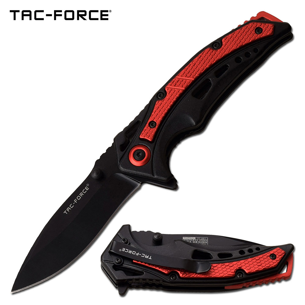 Spring-Assist Folding Knife Tac-Force 3.25in. Black Blade Red Tactical EDC 991Rd