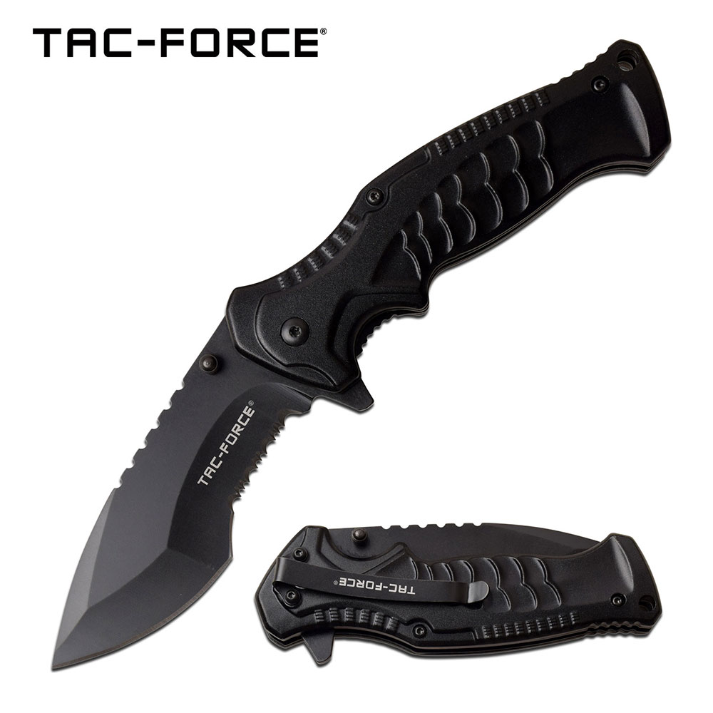 Spring-Assist Folding Knife | Tac-Force Tactical Black Serrated 3.5