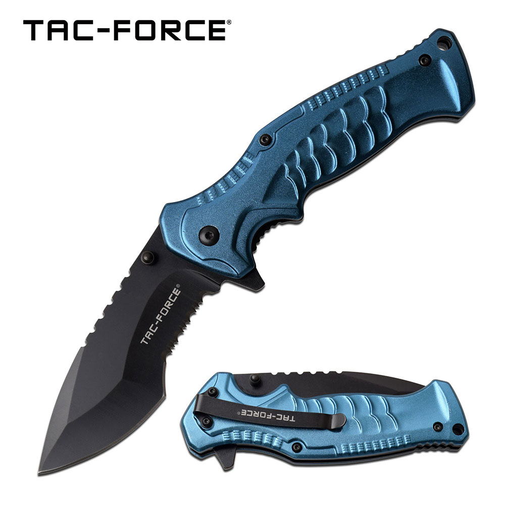 Spring-Assist Folding Knife | Tac-Force Blue Tactical Black Serrated 3.5