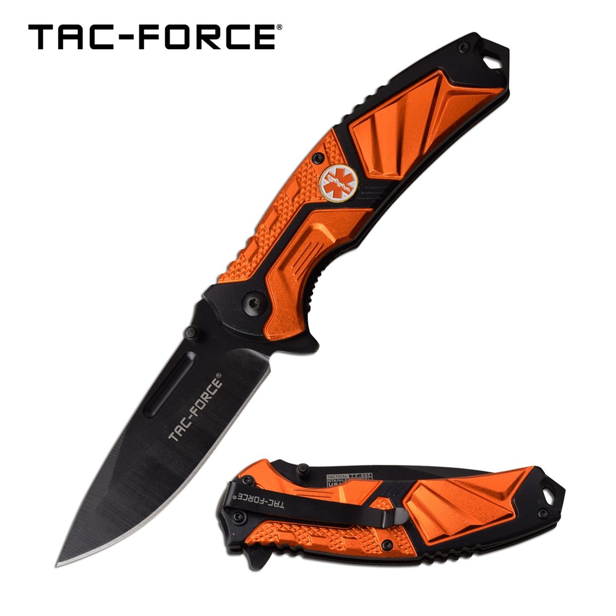 Spring-Assist Folding Knife Tac-Force 3.5in. Black Blade EMT Paramedic Orange