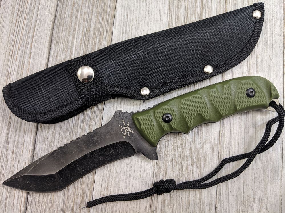 Survival Knife | Tactical Stonewash Gray Blade Green Army Handle + Sheath