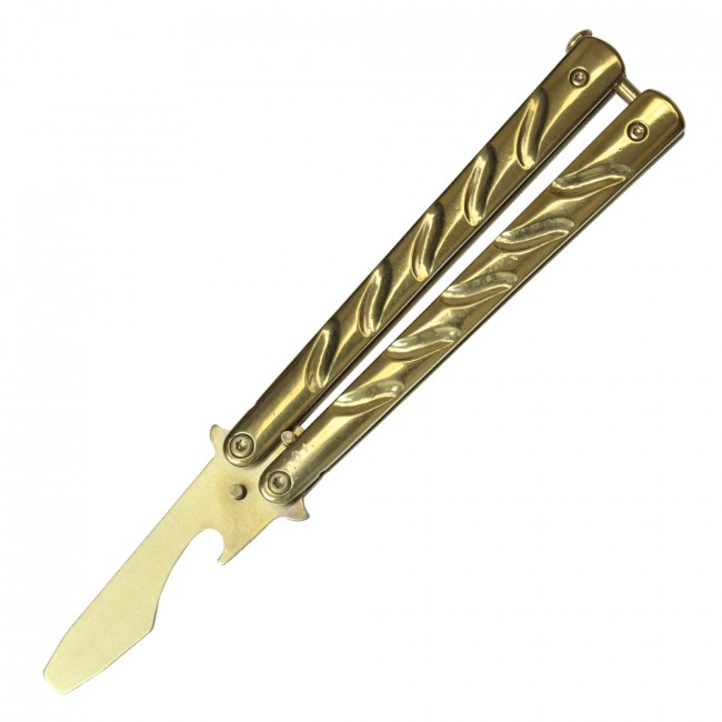 Practice Butterfly Knife 7.5in. Gold Balisong Trainer Bottle Opener - No Blade