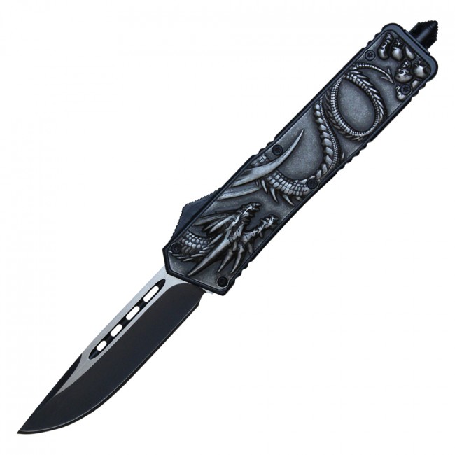 OTF Automatic Knife Atomic Out-The-Front Drop Point Blade Stone Gray Dragon