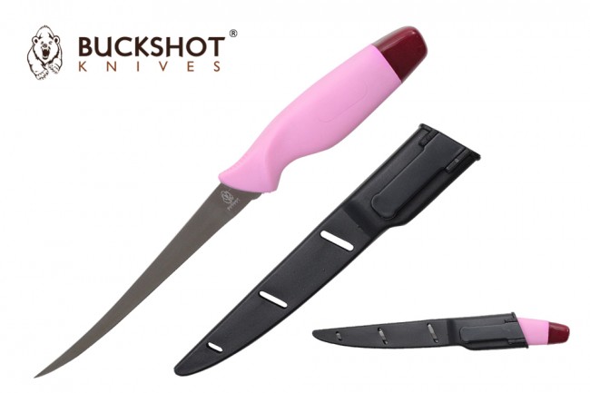 Fixed-Blade Fishing Knife Buckshot 6.75in Silver Blade Fillet Knife Pink, Sheath
